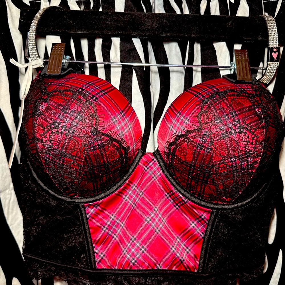✨ Victoria’s Secret 36D Plaid Lace Longline Push-Up Bra w/ Rhinestone Straps